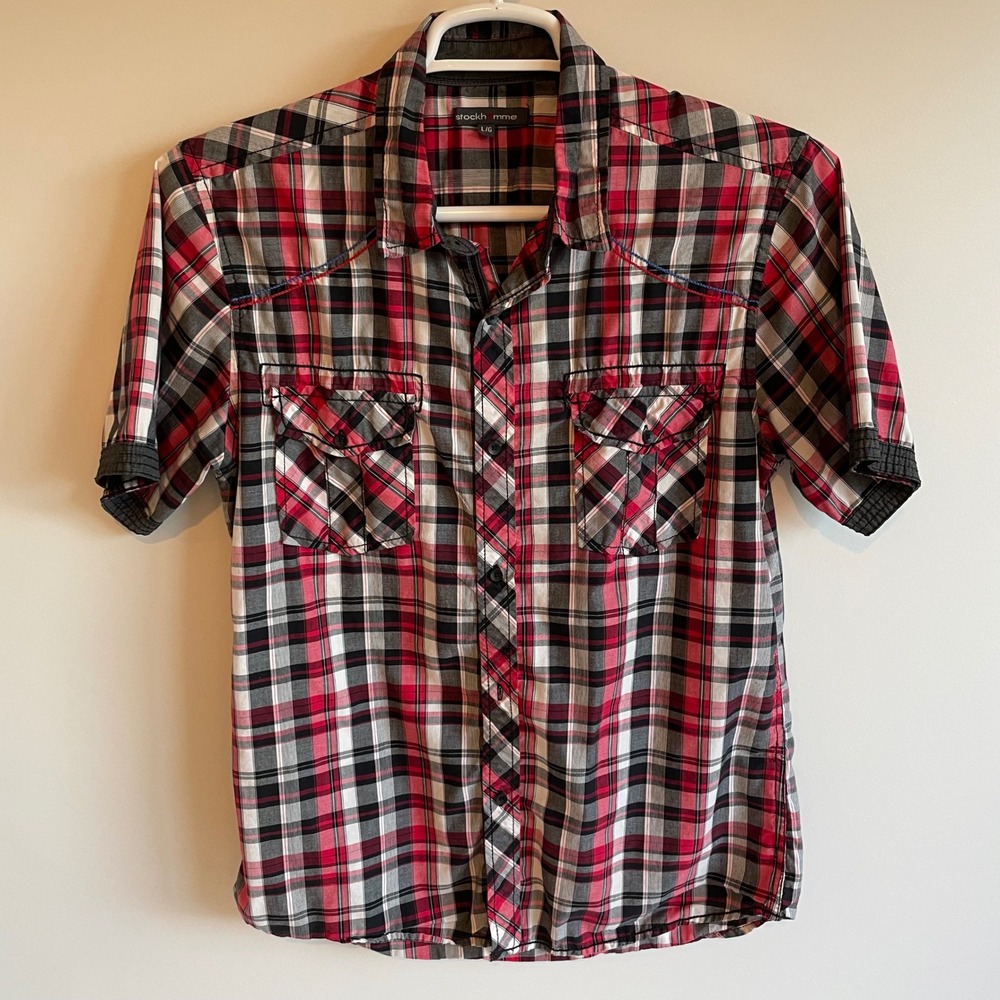 Stockhomme Men's Plaid‎ Short Sleeve Button Up Shirt Red Black White Size L